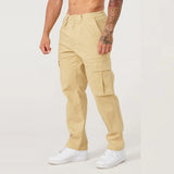 Wiaofellas  -  Men Khaki Wide Leg Pants Summer Male Button Pocket Loose Straight Cargo Full Trousers