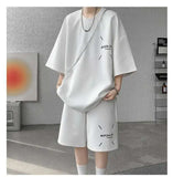 WIAOFELLAS  -  Fashion Men's Suit Solid Color Letter Print O-neck T-shirt Trendy Drawstring High-waisted Shorts Set Male Summer