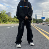 Wiaofellas  -  High Street Jeans Patch Letter Print Jeans Straight Leg Jeans Men's American Jeans Street Loose Wide Leg Pants