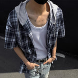WIAOFELLAS  -  Niche Men's Shirts Hooded Drawstring Plaid Design Short Sleeved Casual Single Breasted Contrast Color Male Clothing