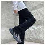 Wiaofellas  -  American High Street Vibe Trendy Black Jeans Men's Street Hip-hop Tassel Dance Pants Fashion Straight Slim Denim Trousers