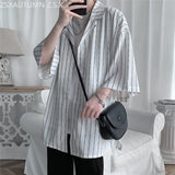 WIAOFELLAS  -  Summer Casual Short Sleeve Suit Men's Five-point Sleeve Shirt Trend Loose Shorts Men's Korean Fashion Stripe Two-piece Set