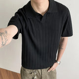 Wiaofellas  -  Summer Men V Neck Knitted Polo Shirt Retro Stripe Jacquard Solid Color Short Sleeve T-shirt Light Luxury Textured Knitwear M-3XL