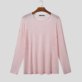 WIAOFELLAS  -  Men T Shirt Solid Color Knitted O-neck Long Sleeve Loose Male Tee Tops See Through Sexy Fashion Casual Men Clothing