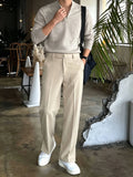 Wiaofellas  -  Korean Draped High Waist Beige Suit Pants, Men Loose Straight Leg Commuter Casual Wide Leg Trousers