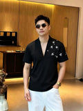 Wiaofellas  -  Summer Embroidered V-neck T-shirt for Men Cotton Short Sleeved Casual T-shirt Relaxed Beach Vacation T-shirts Men Clothing
