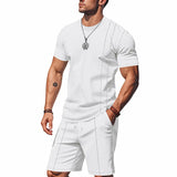 Wiaofellas  -  Men's Waffle Knit 2 Piece Outfits Casual Short Sleeve T Shirt and Shorts Set