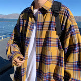Wiaofellas  -  Korean Fashion Plaid Long Sleeve Shirts For Men Autumn High Street Y2K Vintage Blouses Casual Baggy Button Up Tees Shirt