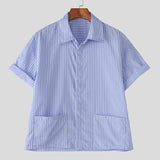 WIAOFELLAS  -  Men Striped Shirt Lapel Short Sleeve Pockets Men Clothing Streetwear Loose Button Korean Style Fashion Casual Male Tops