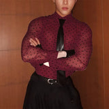 WIAOFELLAS  -  Men Shirt Polka Dot Printing Lapel Long Sleeve Button Men Clothing Mesh See Through Loose Fashion Male Shirts Streetwear