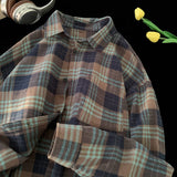 WIAOFELLAS  -  Korean Street Plaid Shirt Coat Men's Long Sleeve Turn Down Collar Casual Shirts Vintage College Style Unisex Fashion Clothing