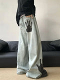 WIAOFELLAS  -  Men's Palm Print Design Wide Leg Unisex Jeans Cool Girl Fashion Bottoms Denim Trousers Male High Waist Regular Pants Baggy Jeans