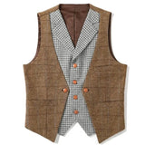 Wiaofellas  -  Men Vest Brown Slim Fit V Neck With Gray Grid Single Breasted Waistcoat Casual Formal Business Men Coat