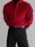 WIAOFELLAS  -  Burgundy thin corduroy shirt men's flip double patch pocket high-end mature long-sleeved red shirt men Autumn clothes