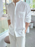 Wiaofellas  -  New Men's Stand Collar Linen Cotton Wrinkle Shirt Lazy Slim Fit Long Sleeve Sun Protection Cardigan Breathable Work Shirt