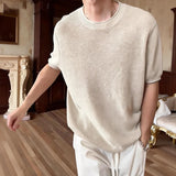 Wiaofellas  -  Men Light Luxury Knit O Neck Short-sleeved T Shirt Solid Color Leisure Streetwear Retro Knitwear Korean Popular Men's Clothing