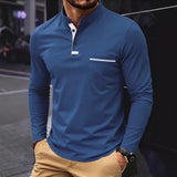 Wiaofellas  -  Men Stand Collar Henry Long Sleeve Polo Shirt Soft Fabric Pocket Casual Spring Daily Tops