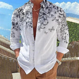 Wiaofellas  -  Casual Loose Fit Floral Butterfly Print Stand Collar Long Sleeve Shirt For Men Daily Wear
