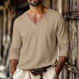 Wiaofellas  -  Autumn New Men's Plaid Pattern Jacquard Fabric V-neck Casual Sports Off-shoulder Sleeve Long-sleeved T-shirt
