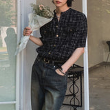 WIAOFELLAS  -  Fashion Summer Men's Plaid O-neck Loose Korean Style Shirts Trendy Single-breasted Short Sleeves Tops Male