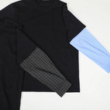 WIAOFELLAS  -  Japanese Korean Casual Sweatshirts Men Straight Base Shirt Splicing Striped Sleeves Fake Two-piece Solid Color Pullover T-shirt