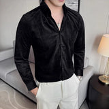 WIAOFELLAS  -  Retro British Style Velvet Men Shirt High Quality Handsome V-Neck Long Sleeve Male Dress Shirts Fashion Streetwear Mens Clothing