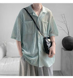 WIAOFELLAS  -  Korean Style Men's Shirts Lapel Hollow Out Knitting Single Breasted Tops Short Sleeved Pocket Loose Male Tops Trend