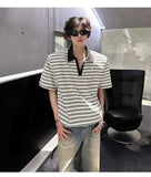 WIAOFELLAS  -  Trendy Men's Striped Contrast Color Shoulder Pads Loose T-shirts Fashion Casual Short Sleeves Lapel Tops Male Summer