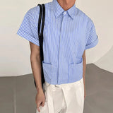 WIAOFELLAS  -  Men Striped Shirt Lapel Short Sleeve Pockets Men Clothing Streetwear Loose Button Korean Style Fashion Casual Male Tops