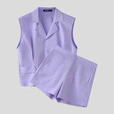 Wiaofellas  -  Men's Sets Solid Lapel Sleeveless Crop Shirt Shorts Two Piece Sets Streetwear Men Matching Sets Stylish Tracksuits