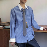 WIAOFELLAS  -  Men Shirt Striped Patchwork Lapel Long Sleeve Pockets Men Clothing Streetwear Loose Fashion Casual Tops Male Shirts