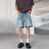 WIAOFELLAS  -  Fashion Men's Gradient Hole Wash Denim Straight Shorts New Vintage Casual Loose Wide Leg Short Pants Male Summer
