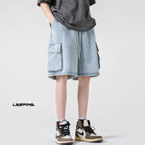 Wiaofellas Summer Cargo Denim Shorts Men Fashion Retro Pocket Denim Shorts Mens Japanese Streetwear Hip-hop Loose Blue Jeans Shorts Men