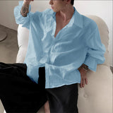 WIAOFELLAS  -  Men Shirt Solid Pleated Ruffle Lapel Long Sleeve Men Clothing Streetwear Loose Fashion Casual Tops Male Shirts S-5XL