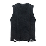 Wiaofellas  -  Mens Casual Washed Distressed Vest Summer New Fashion Versatile Hole Printed Metal Necklace Sleeveless T-Shirt For Men