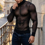 Wiaofellas  -  Autumn Warm Transparent Mesh High Neck Pullover Mens Daily Outdoor Slim Fit Long Sleeve Tops For Male Streetwear Vintage