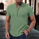 Wiaofellas  -  Men's Short Sleeve Linen Shirt Summer Lightweight Casual V-Neck T-Shirt Men Basic Solid Color Loose Fit Top
