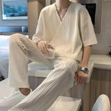 WIAOFELLAS  -  Ice Silk Sports Suit V-neck Short-sleeved T-shirt and Trousers Two-piece Set British Yuppie Handsome Summer Set