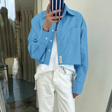 WIAOFELLAS  -  Men Shirt Solid Color Lapel Long Sleeve Loose Casual Male Crop Tops Streetwear Korean Style 2026 Fashion Men Clothing