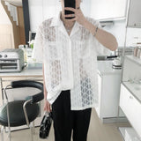 WIAOFELLAS  -  Summer New Men's Solid Color Hollow Short-Sleeved Shirt Sexy Retro Fashion Trend Leisure Loose Breathable Niche Men's Tops