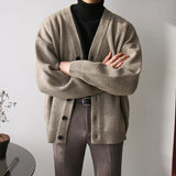 Wiaofellas  -  Men V Neck Knit Cardigan Loose Long Sleeve Casual Sweater Coat Fashion Daily Outerwear