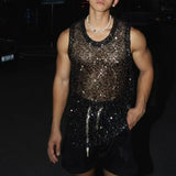 WIAOFELLAS  -  Summer Sexy Nightclub Men's Vest Sequins Sparkling Woven Mesh Breathable Sleeveless Men's Casual Hollow Tank Top For Male Tees