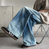 Wiaofellas  -  Autumn New Tie-dye Buttons Streetwear Baggy Jeans Men Loose Mopping Pants Men's Hip Hop Casual Denim Pants Male Straight Blue