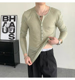 WIAOFELLAS  -  Emerald green deep v-neck perspective long-sleeved T-shirt men's ascetic slim tulle blouse lazy inner Henry collar top