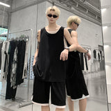 Wiaofellas  -  fall outfits Fake Two Piece Vest Sleeveless T-shirt Solid Color Round Neck Korea Fashion Male Tops Casual Loose