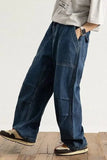Wiaofellas  -  Large Size Men's Casual Wide Leg Jeans Loose Fit Workwear Trousers Washed Denim Straight Tube Zipper Fastening Non-Elastic