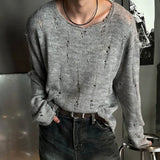 WIAOFELLAS  -  Men's Solid Color Ripped Long-Sleeved T-Shirt American Retro Fashion Trend High Street Loose Casual Breathable Niche Men's Tops