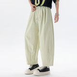 WIAOFELLAS  -  Simple Men's Casual Pants Drawstring Design Solid Color Bottom Elastic Waist Straight Wide Leg Loose Male Trousers