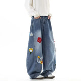 Wiaofellas  -  Spring Floral Appliques Washed Y2K Baggy Jeans For Men High Street Fashion Wide-Leg Denim Trousers New Hip Hop Straight Jean