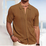 WIAOFELLAS  -  Summer New Men's Solid Color Short-Sleeved Cardigan Knitted Polo Shirt Retro Casual Fashion Trend Simple Slim Business Mens Tops